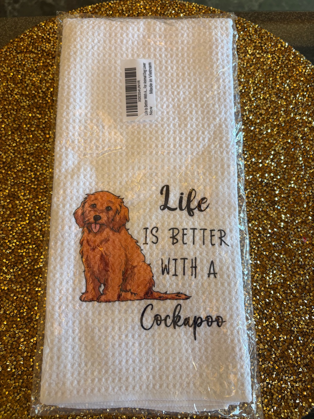 Cockapoo Dog Kitchen Towel – White with Brown Cockapoo Illustration